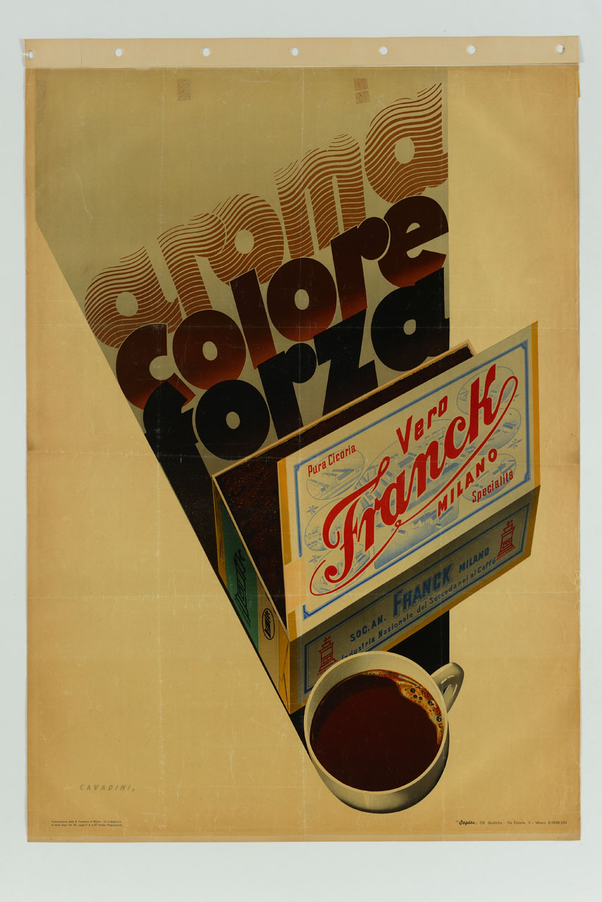 scatola e tazza di caffè (manifesto) di Cavadini Alfredo (sec. XX)