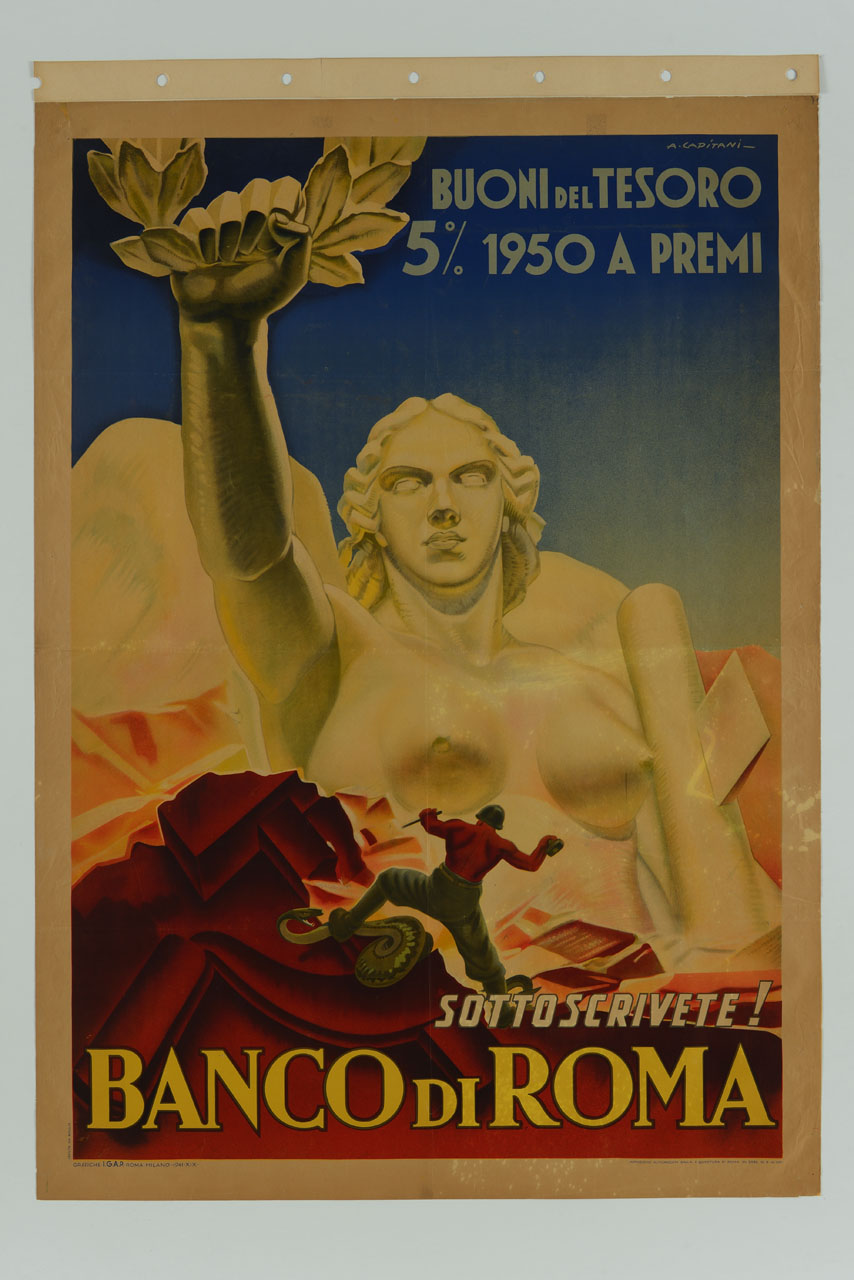 scultura con figura femminile allegorica della Vittoria e soldato che schiaccia un serpente su falce e matello (manifesto) di Capitani Alfredo (sec. XX)