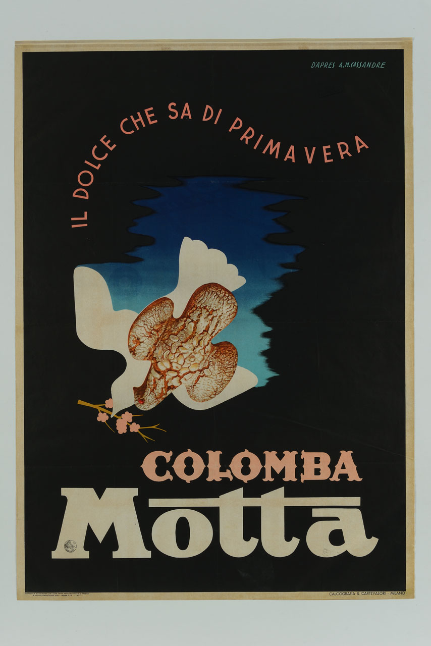 colomba pasquale su silhouette di colomba con ramo fiorito nel becco (manifesto) di Mouron Adolphe detto Cassandre (sec. XX)