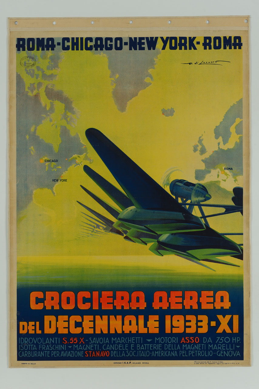 aerei in volo tra Roma, New York e Chicago (manifesto) di Di Lazzaro Umberto (sec. XX)