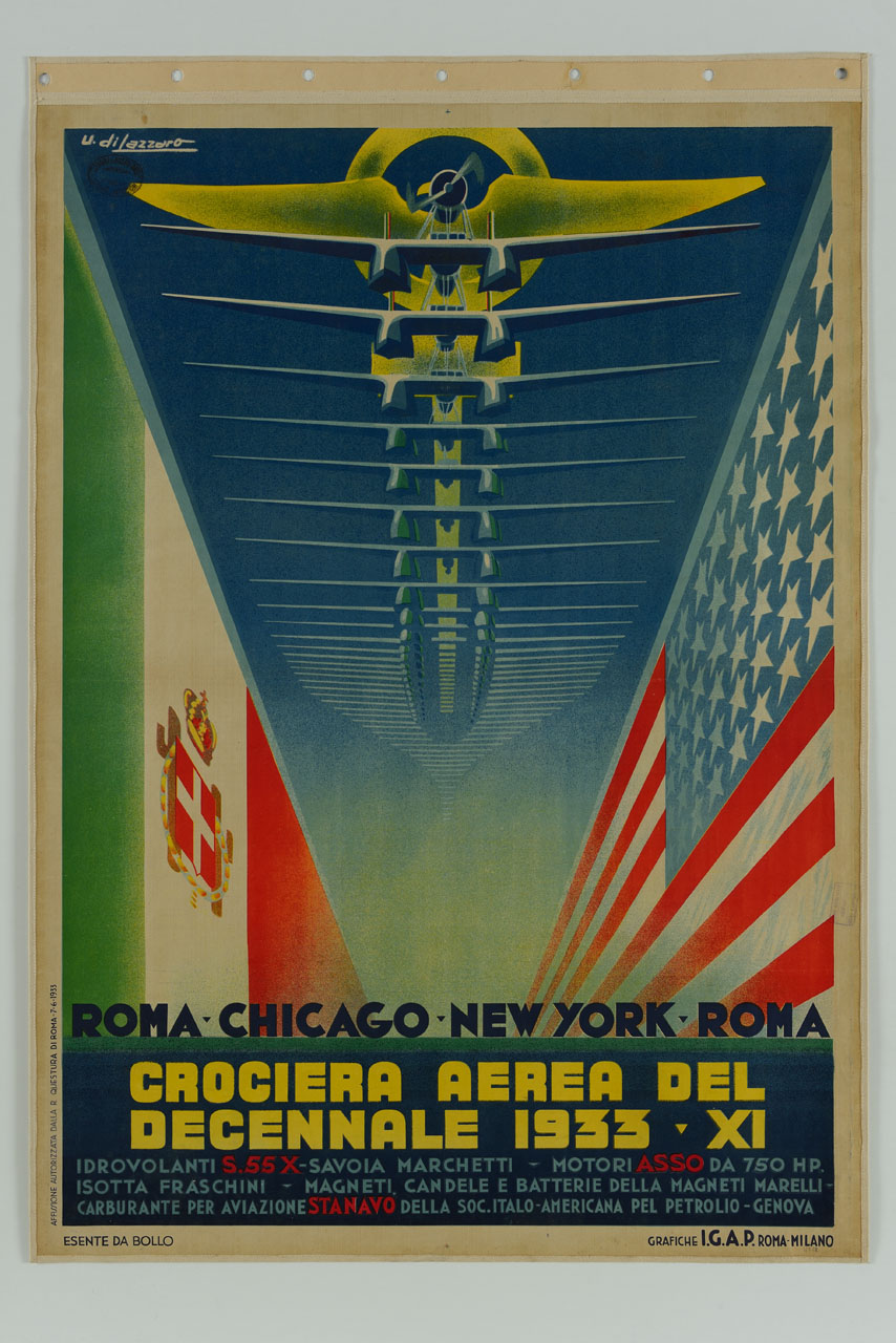 aerei in volo tra due bandiere (manifesto) di Di Lazzaro Umberto (sec. XX)