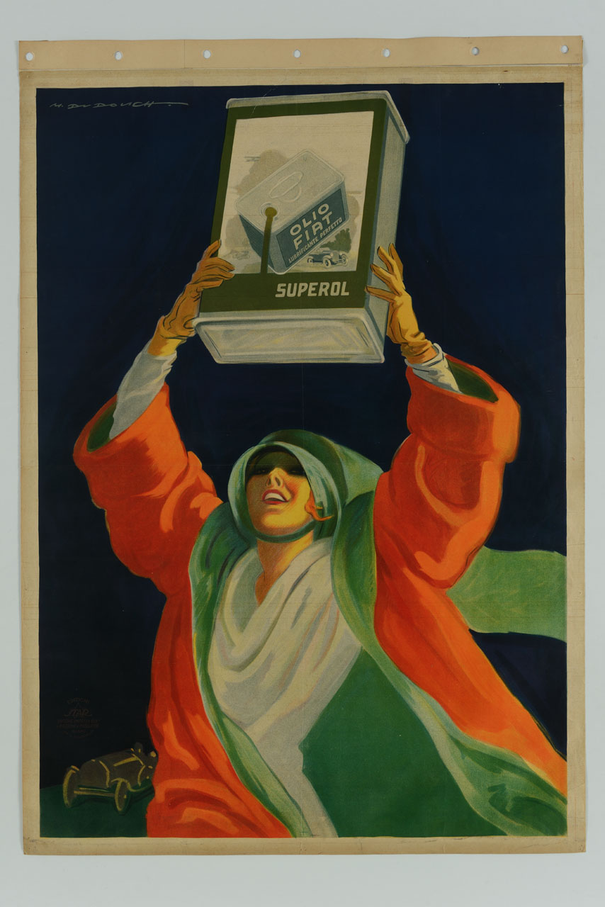 donna con cappello e velo verde tiene sollevata tra le mani una latta d'olio (manifesto) di Dudovich Marcello (sec. XX)