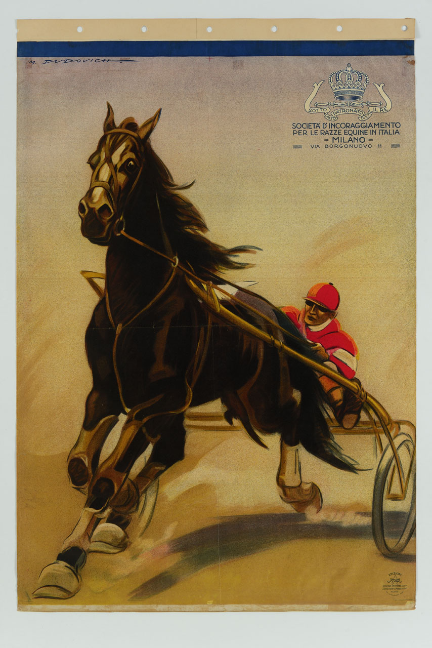 cavallo al trotto con fantino su sulky (manifesto) di Dudovich Marcello (sec. XX)