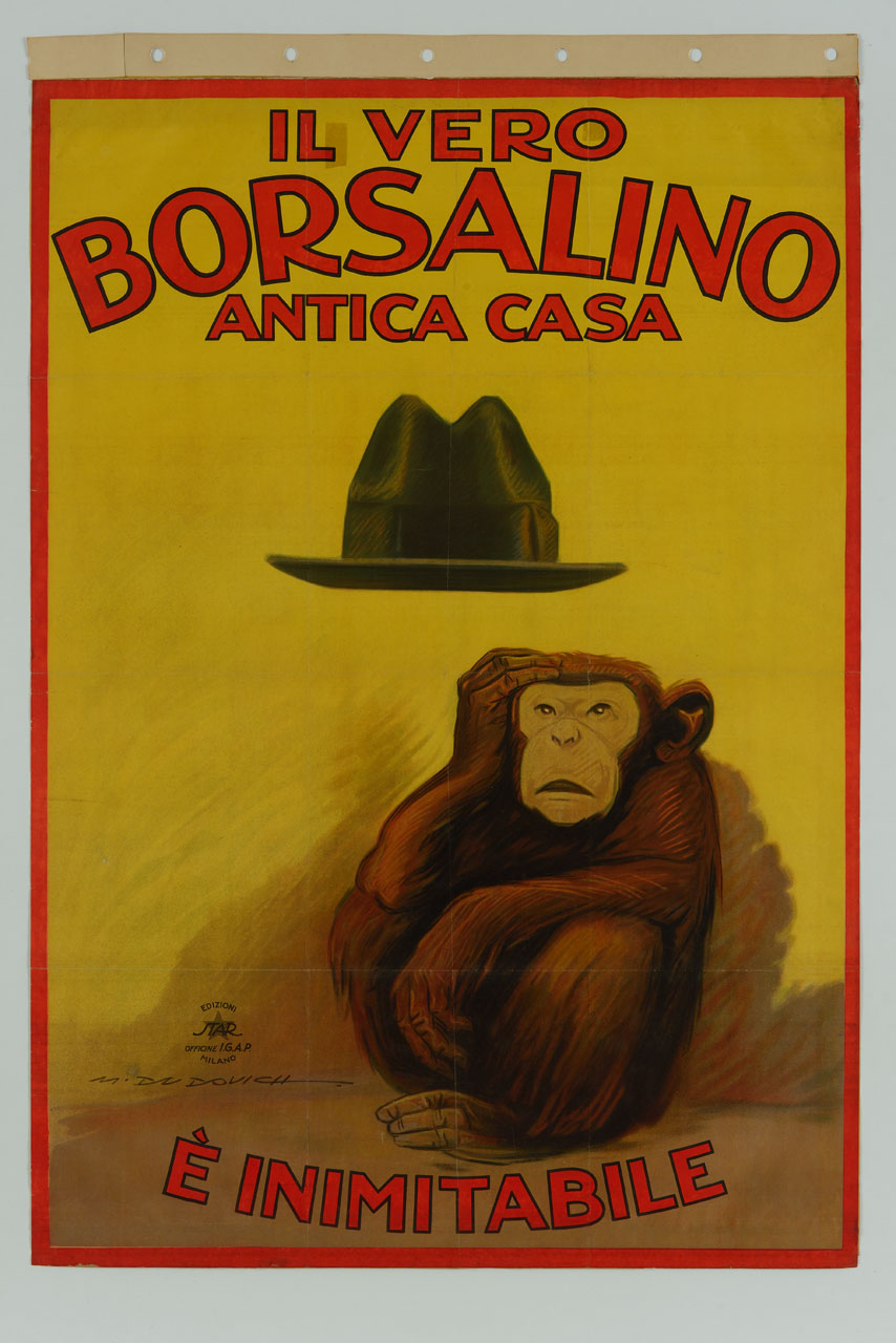 scimmia accovacciata con cappello sospeso in aria (manifesto) di Dudovich Marcello (sec. XX)