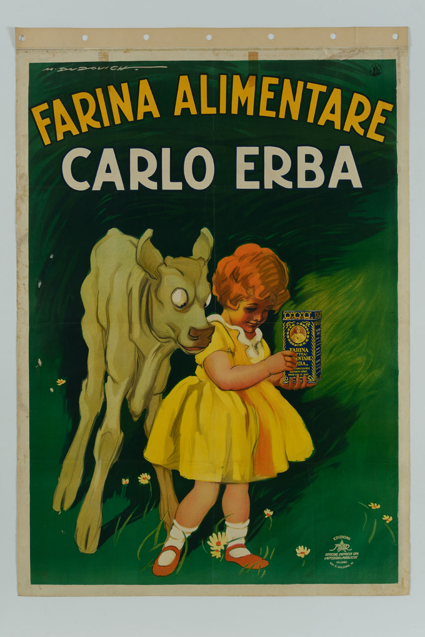 bambina con scatola di farina lattea in mano accanto a un vitellino (manifesto) di Dudovich Marcello (sec. XX)