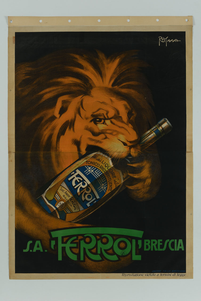 leone con bottiglia in bocca (manifesto, stampa composita) di Di Massa Romano (sec. XX)