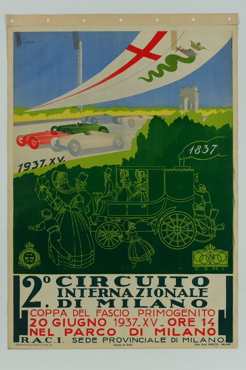 gara automobilistica con il pubblico di un'altra epoca e l'Arco della Pace di Milano sullo sfondo (manifesto) di Di Massa Romano (sec. XX)