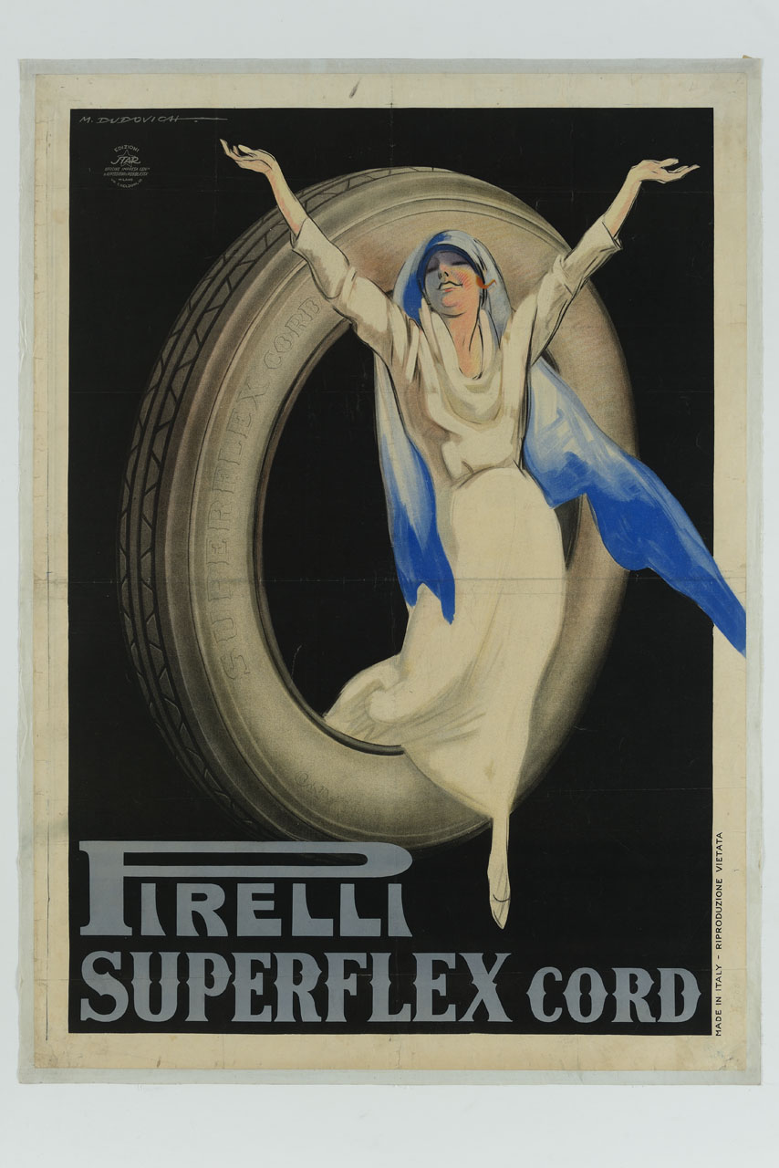 donna con foulard azzurro attraversa un copertone (manifesto) di Dudovich Marcello (sec. XX)