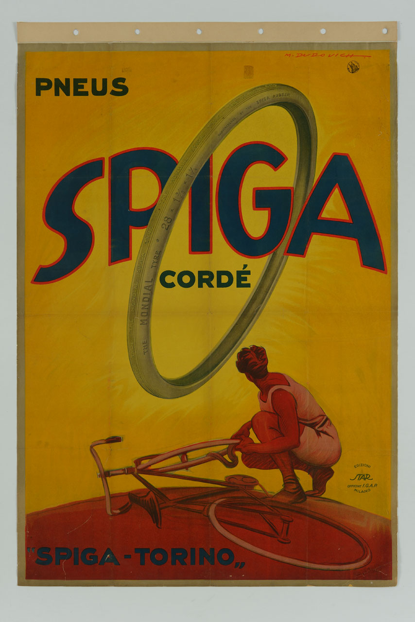 ciclista cambia la gomma alla sua bicicletta (manifesto) di Dudovich Marcello (sec. XX)