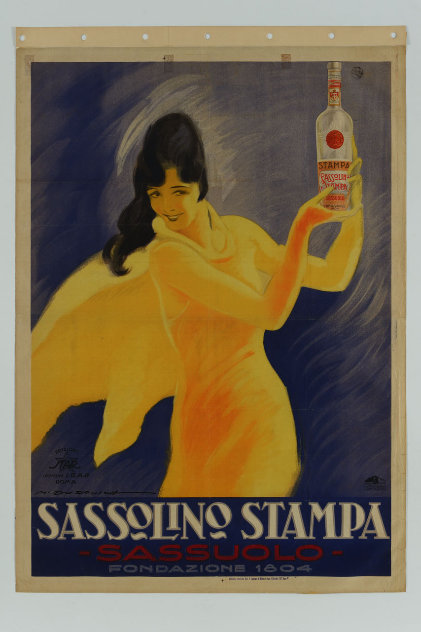 donna in abito giallo mostra una bottiglia (manifesto) di Dudovich Marcello (sec. XX)