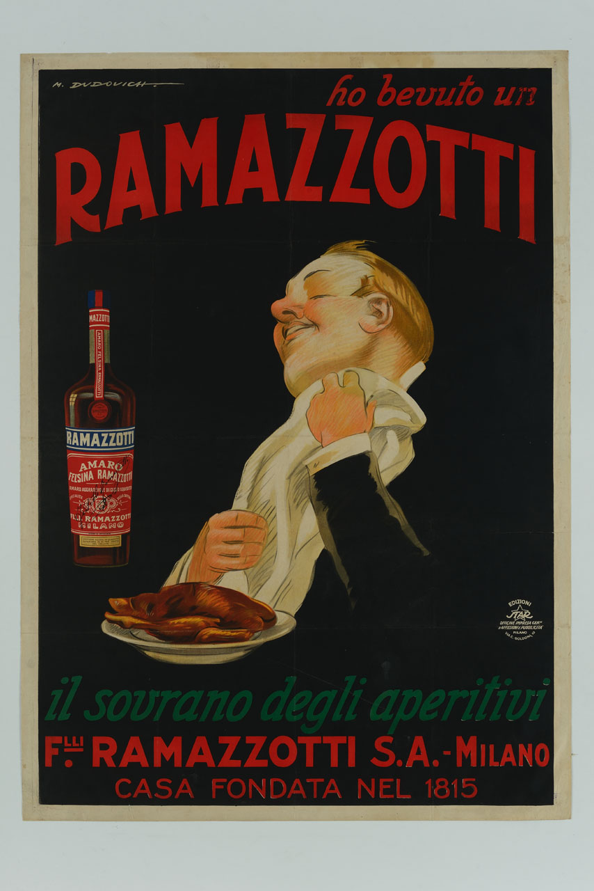 uomo davanti ad un piatto di pollo e ad una bottiglia si sistema il tovagliolo (manifesto) di Dudovich Marcello (sec. XX)