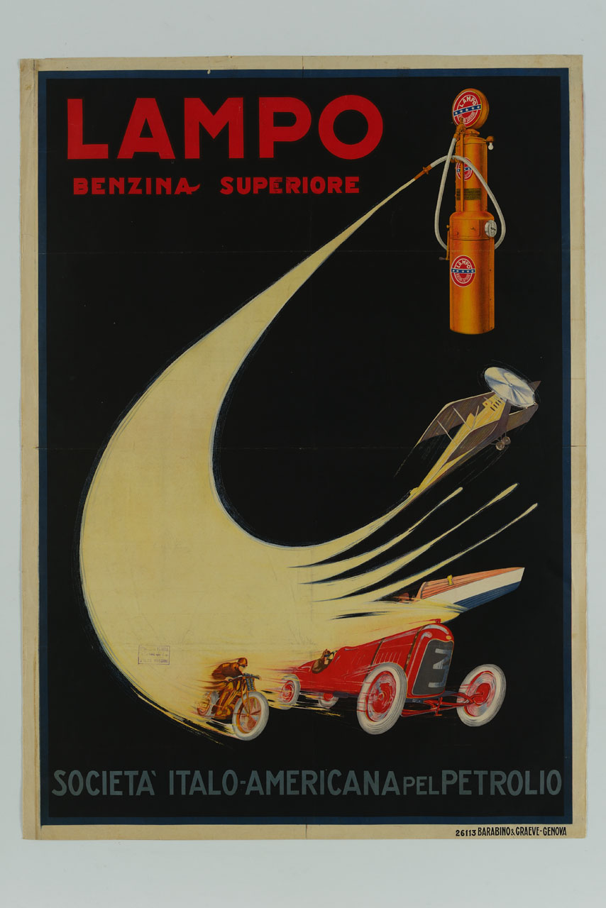 motocicletta, automobile, motoscafo e aeroplano lanciati dalla benzina fuoriuscita da una pompa di benzina (manifesto) di Minonzio Giuseppe (sec. XX)