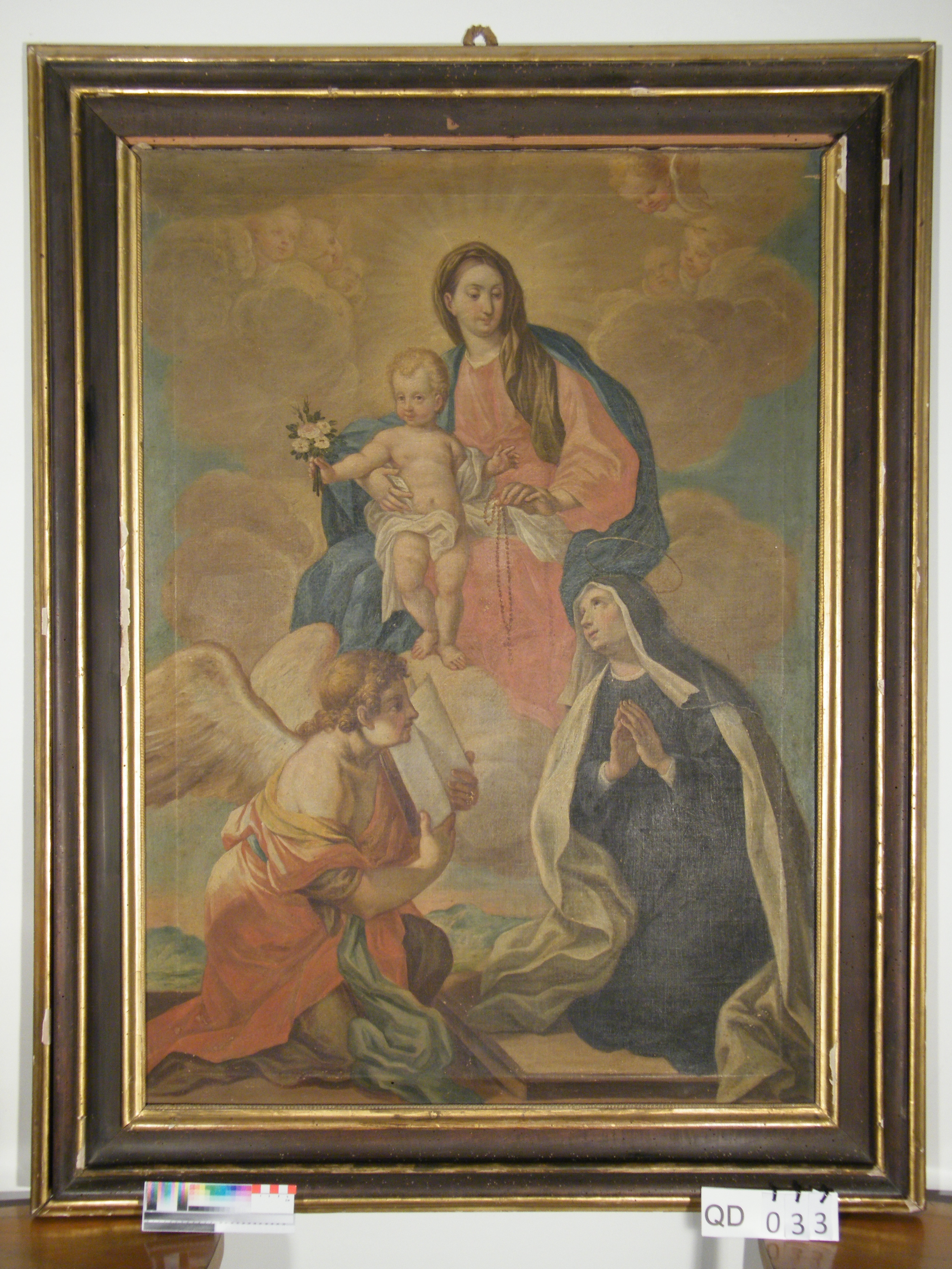 Santa Rosa da Lima ha la visione della Madonna con Bambino in gloria e di un angelo (dipinto, pendant) di Ricci Natale (sec. XVIII)