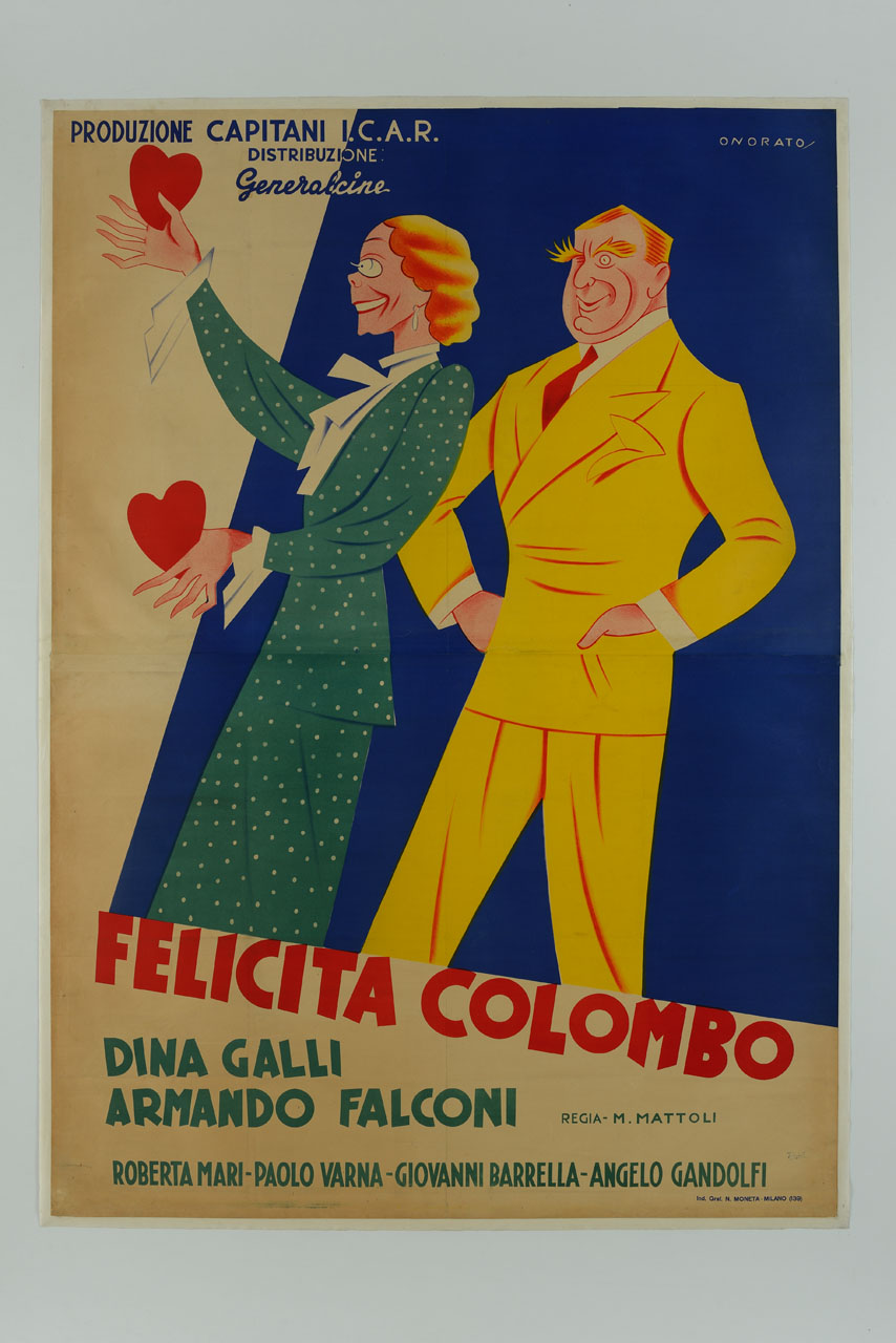 ritratto caricaturale di Dina Galli con cuori in mano e Armando Falconi in abito giallo (manifesto) di Onorato Umberto (sec. XX)
