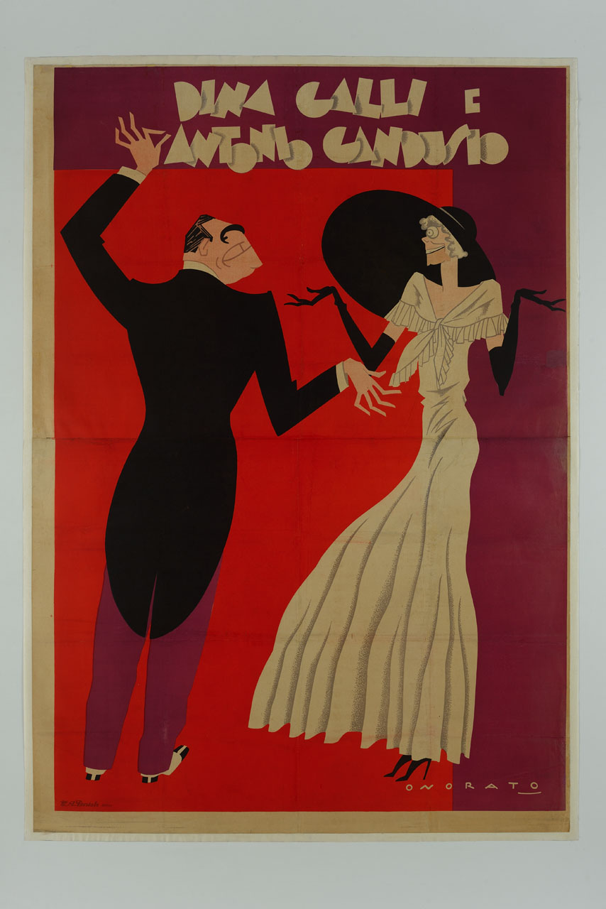 ritratto caricaturale di Dina Galli in abito da sera e grande cappello nero con Antonio Gandusio in tight (manifesto) di Onorato Umberto (sec. XX)