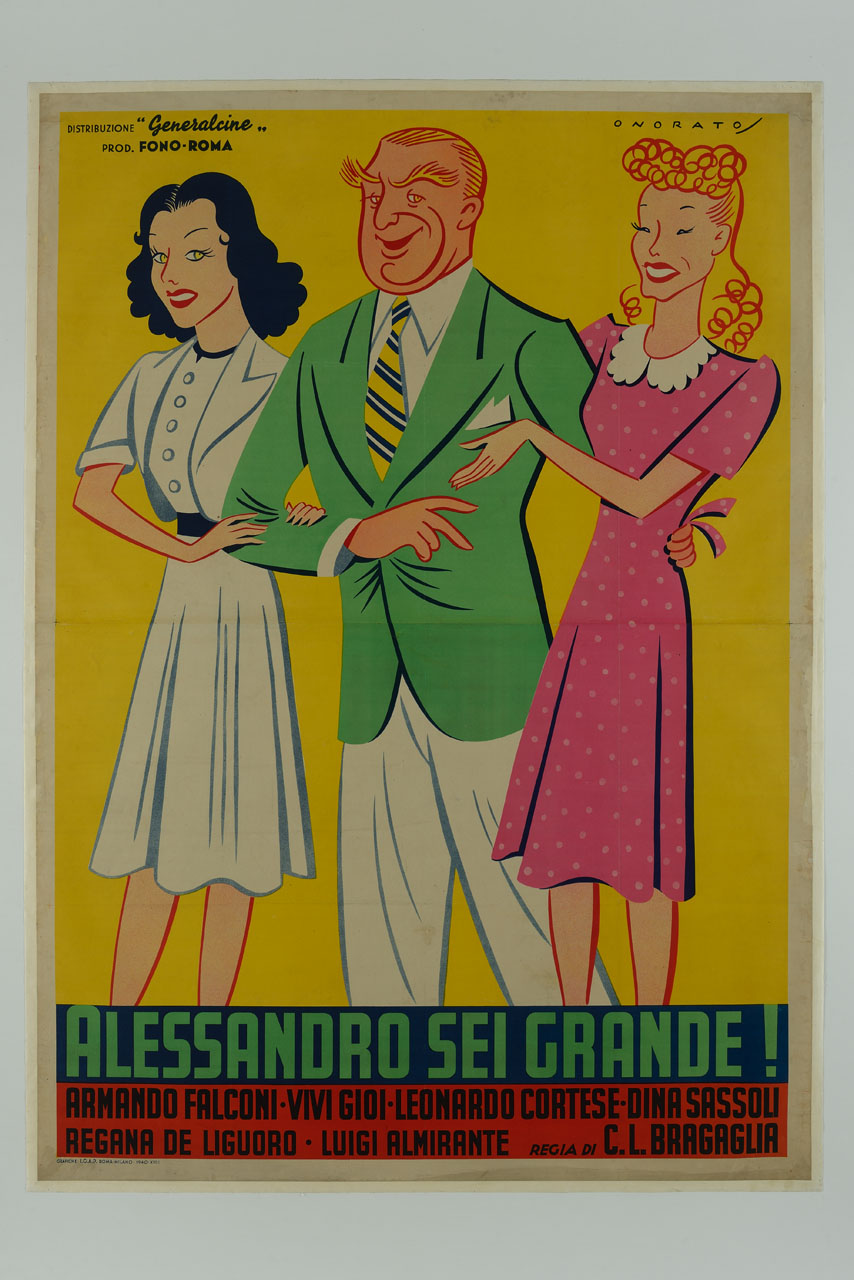 ritratto caricaturale di Armando Falconi affiancato da Vivi Gioi e Dina Sassoli (manifesto) di Onorato Umberto (sec. XX)