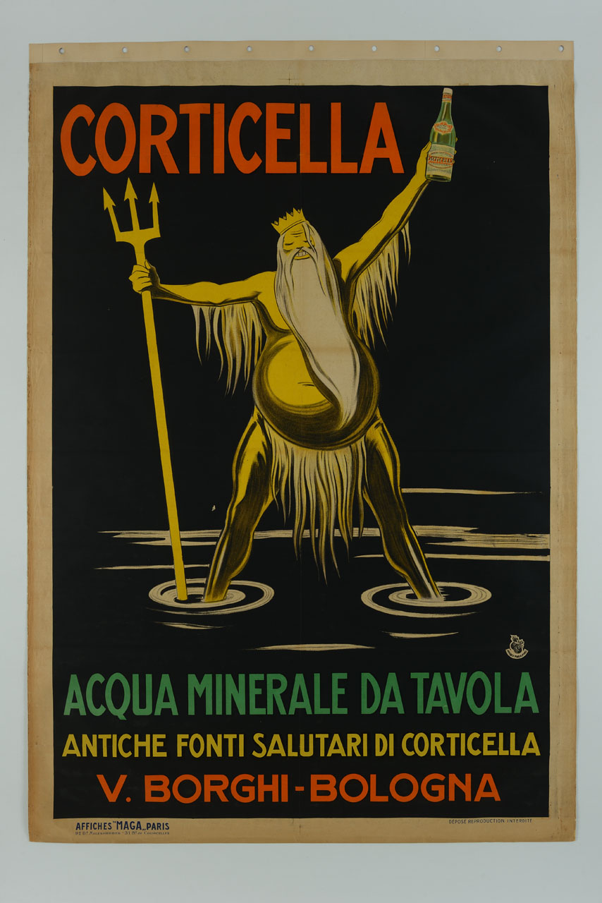 dio Nettuno con tridente e bottiglia di acqua minerale (manifesto) di MAGA (sec. XX)