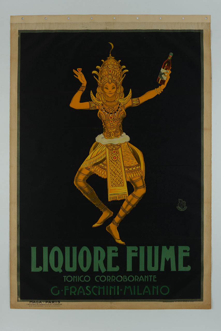 danzatrice balinese esegue un passo della legong-keraton con bottiglia di liquore e bicchiere (manifesto) di MAGA (sec. XX)