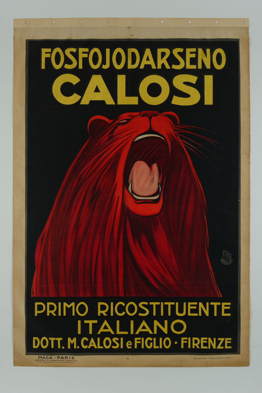 grande leone con criniera rossa ruggisce a bocca aperta (manifesto) di MAGA (sec. XX)