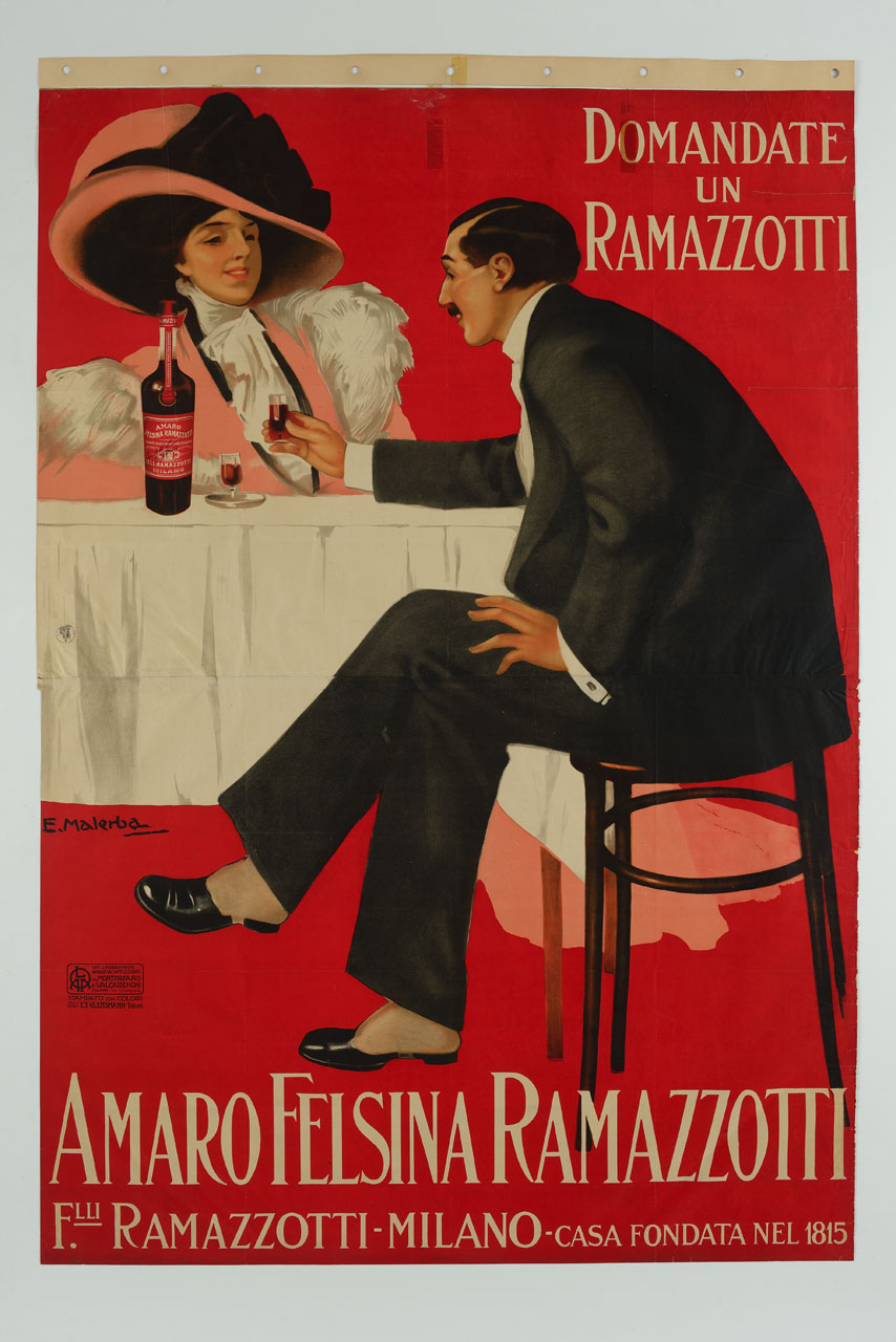 coppia in abiti Belle Époque, seduta ad un tavolo davanti ad bottiglia di amaro (manifesto) di Malerba Emilio (sec. XIX/ sec. XX)