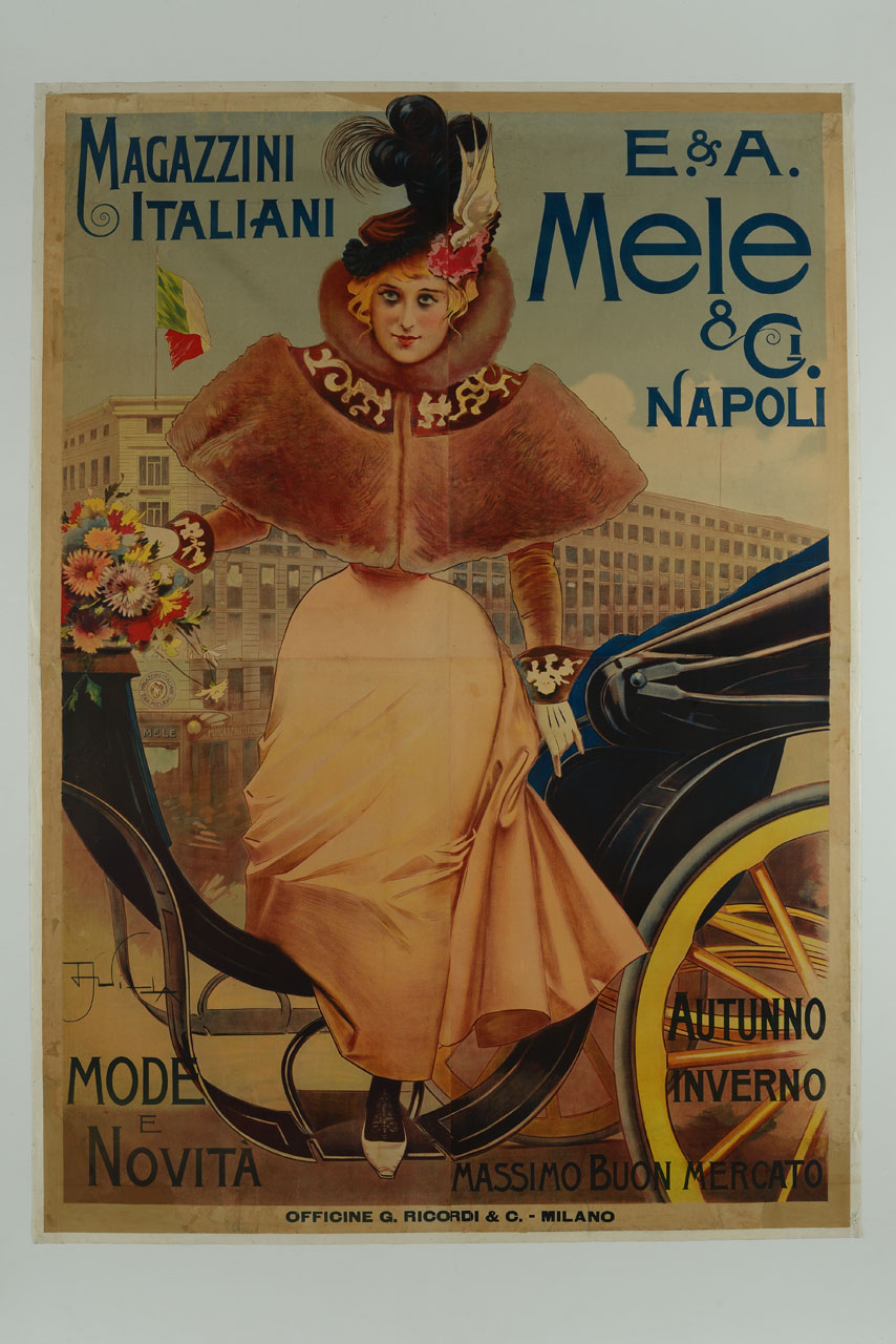 figura femminile in abiti Belle Époque, che scende da una carrozza davanti al palazzo della Borghesia di Napoli (manifesto) di Villa Aleardo (sec. XX)