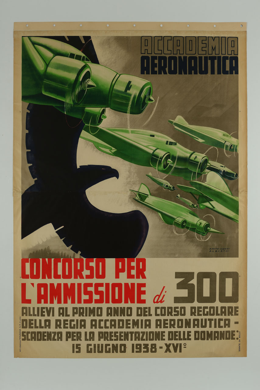 aquila con ali spiegate e velivoli in volo (manifesto) di Mastroianni Alberto (sec. XX)