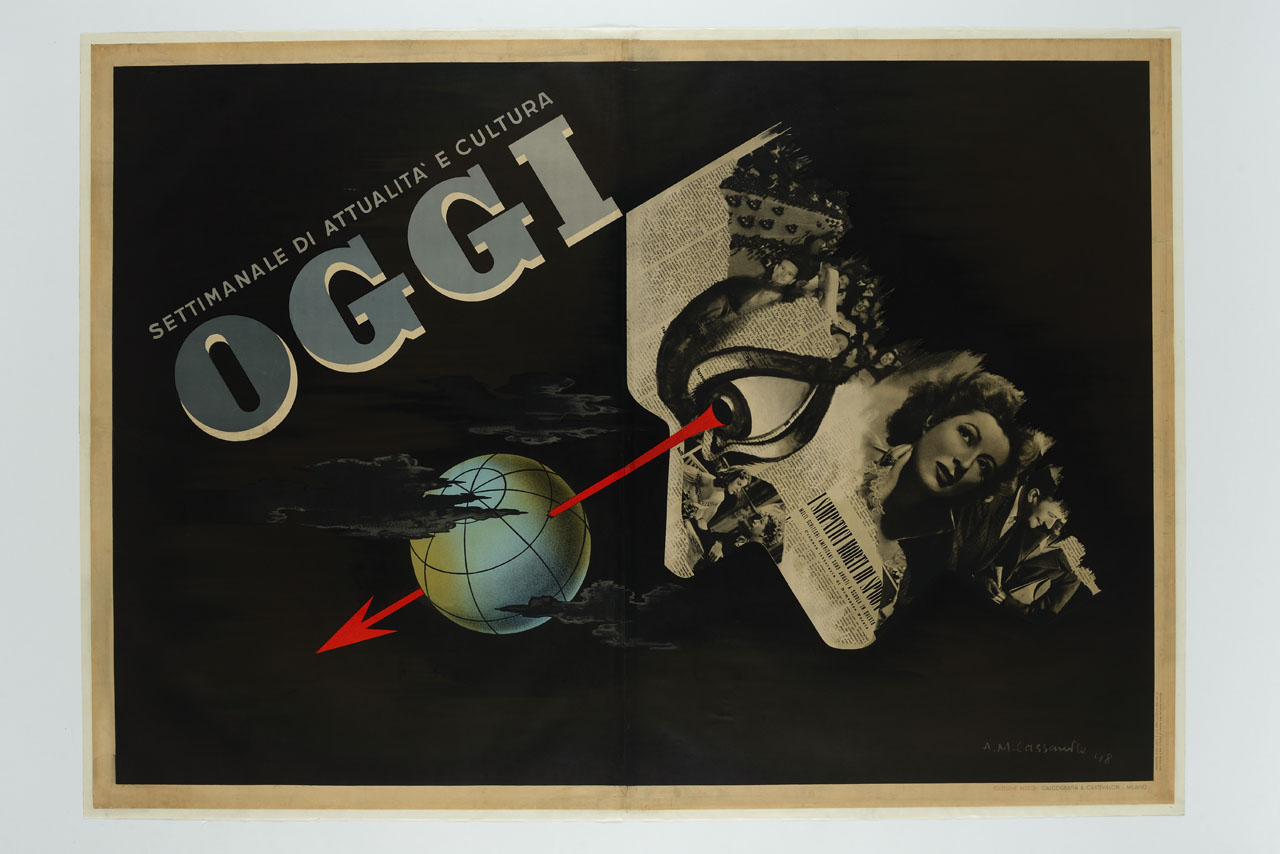 sagoma di volto decorata di carta di giornale, il cui occhio punta con una freccia un globo; sullo sfondo un gruppo di figure tra le quali spiccano volti di personaggi noti (manifesto) di Mouron Adolphe detto Cassandre (sec. XX)