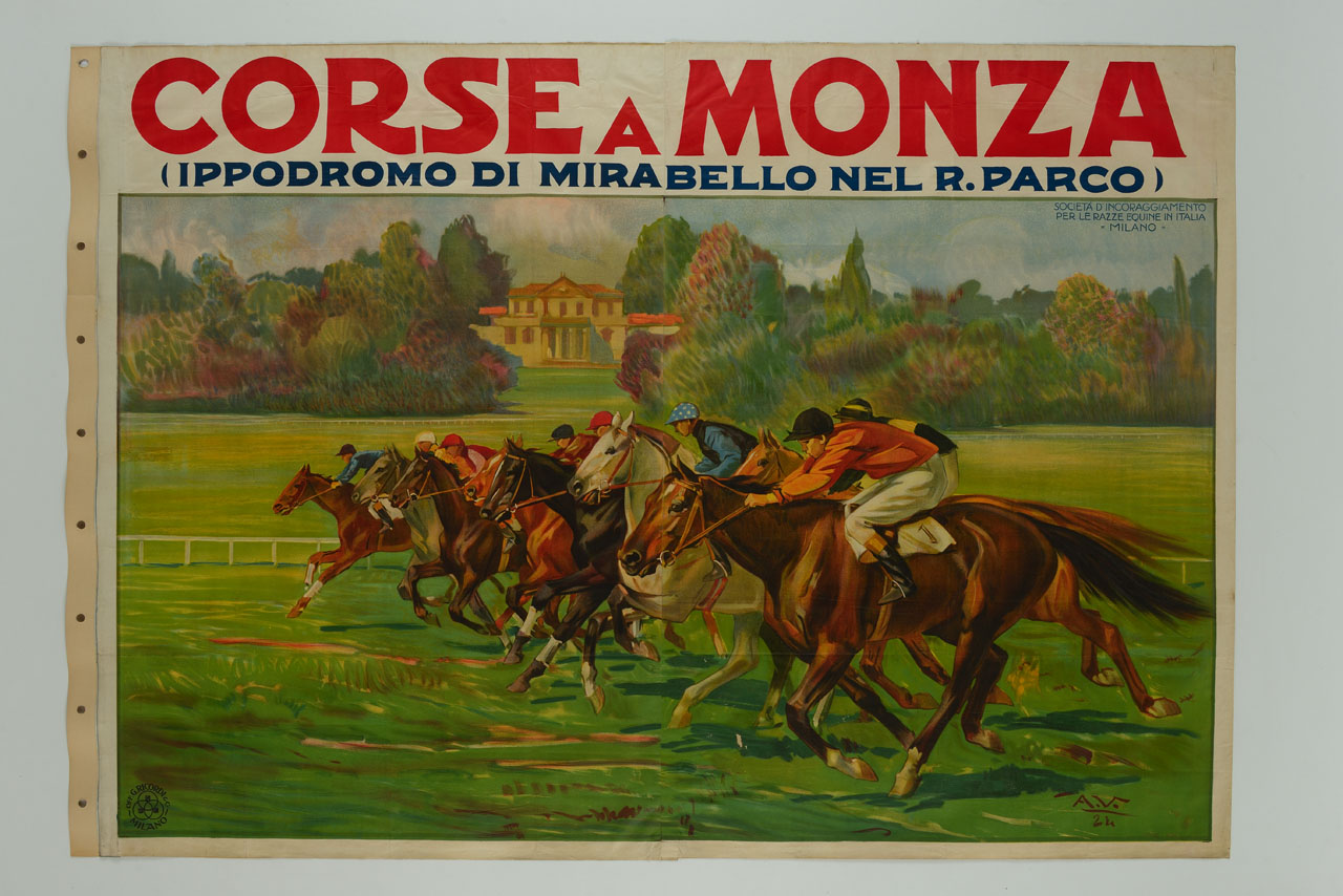 fantini in corsa nell'ippodromo di Mirabello con villa Mirabellino sullo sfondo (manifesto) di Vaccari Alfredo (sec. XX)