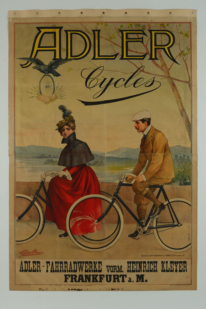 un uomo e una donna in sella a due biciclette in riva ad un lago (manifesto) di Ballerio Osvaldo (sec. XX)