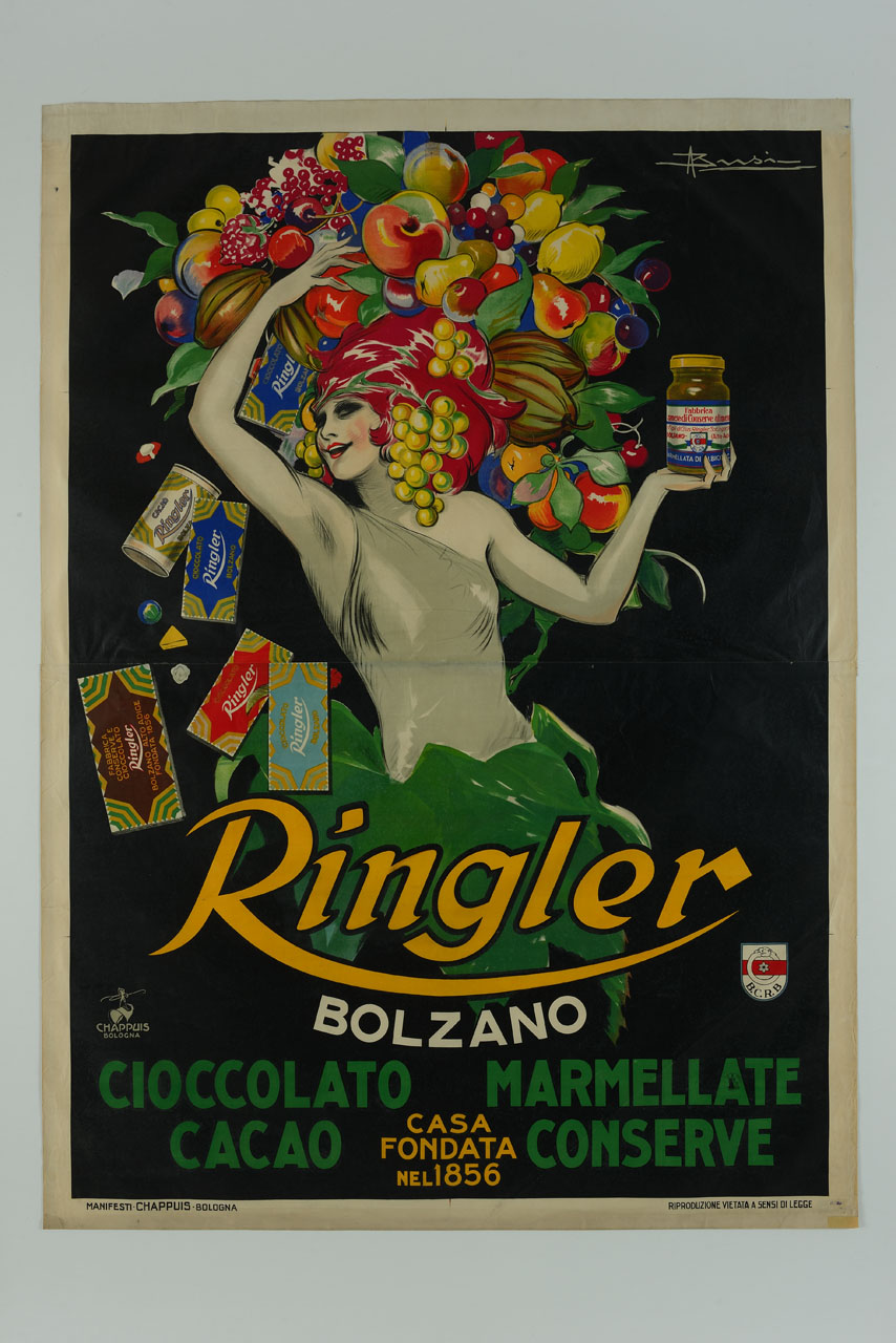 figura femminile con cesto di frutta come copricapo, da cui fuoriescono dolciumi, sorregge un barattolo di marmellata (manifesto) di Busi Adolfo (sec. XX)