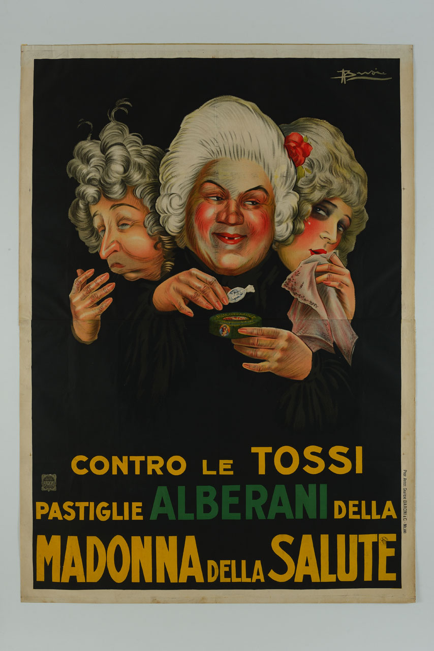 ghigni con parrucche settecentesche e pastiglie Alberani (manifesto) di Busi Adolfo (sec. XX)