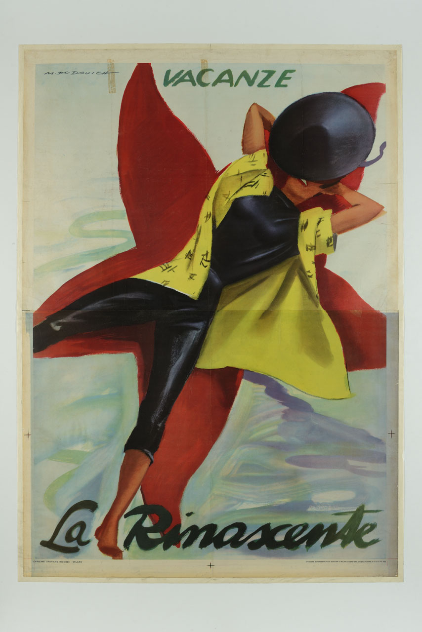 figura femminile con cappello e soprabito orientaleggianti, sdraiata sopra una stella marina (manifesto) di Dudovich Marcello (sec. XX)