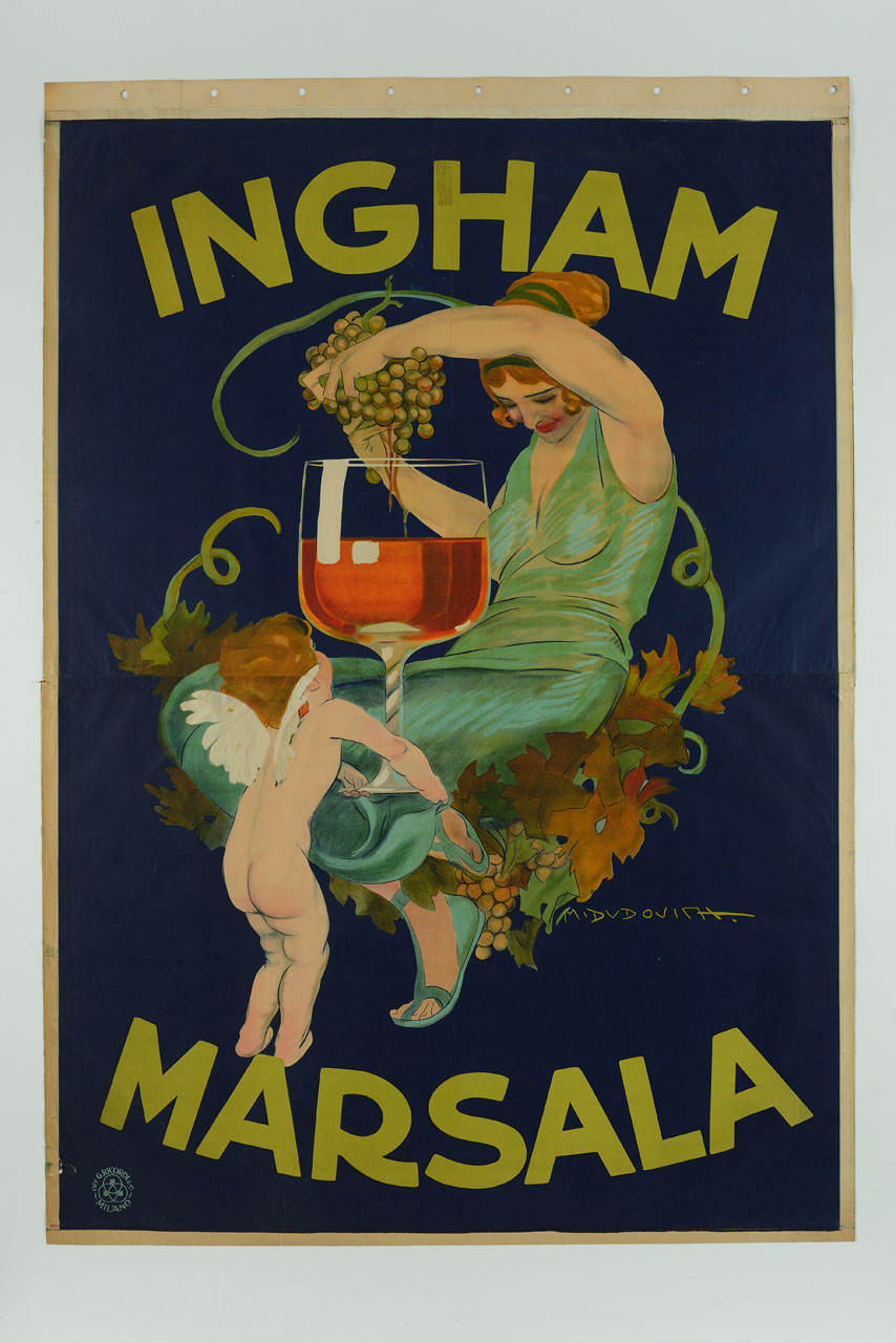 figura femminile che spreme dei grappoli d'uva in un bicchiere sorretto da putto alato (manifesto) di Dudovich Marcello (sec. XX)