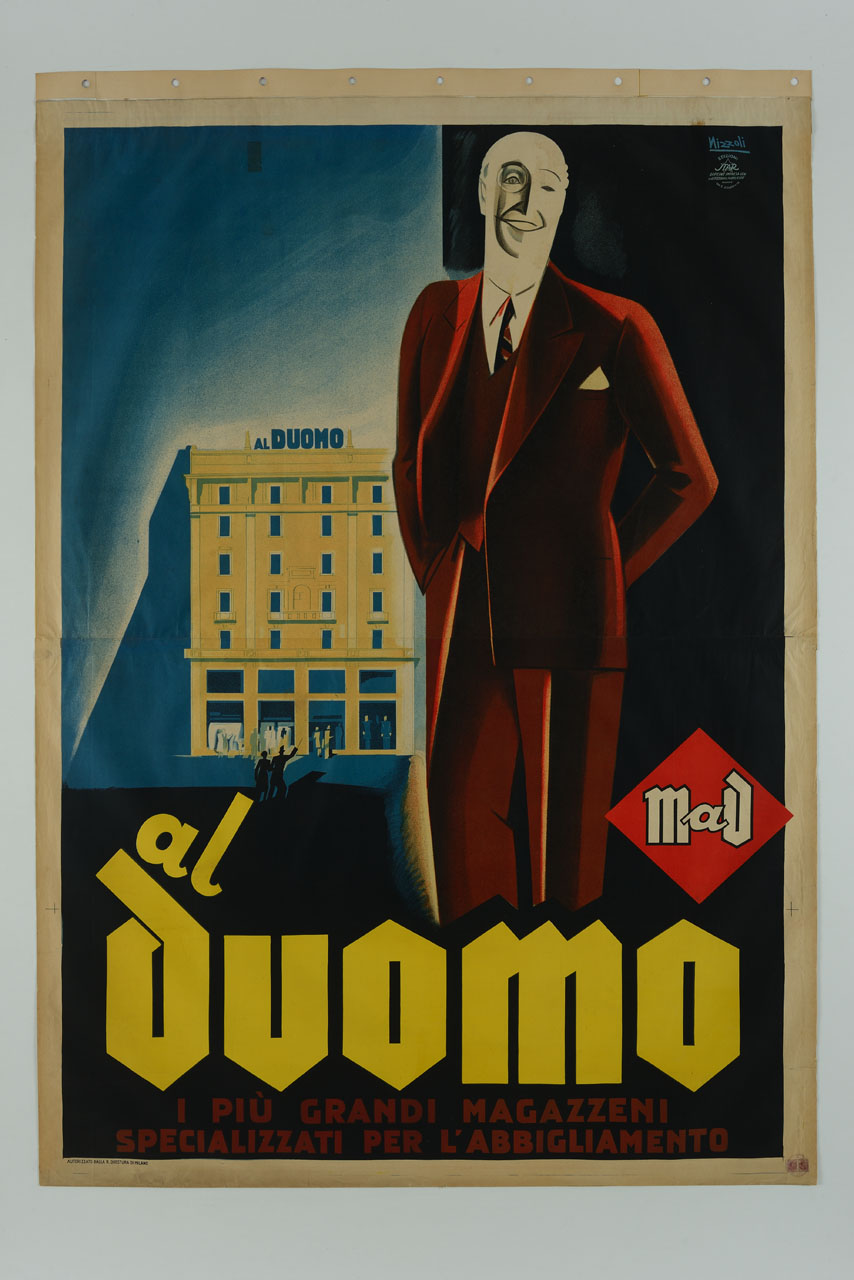 uomo sorridente in abito marrone con gente che entra in grande magazzino sul fondo (manifesto) di Nizzoli Marcello (sec. XX)