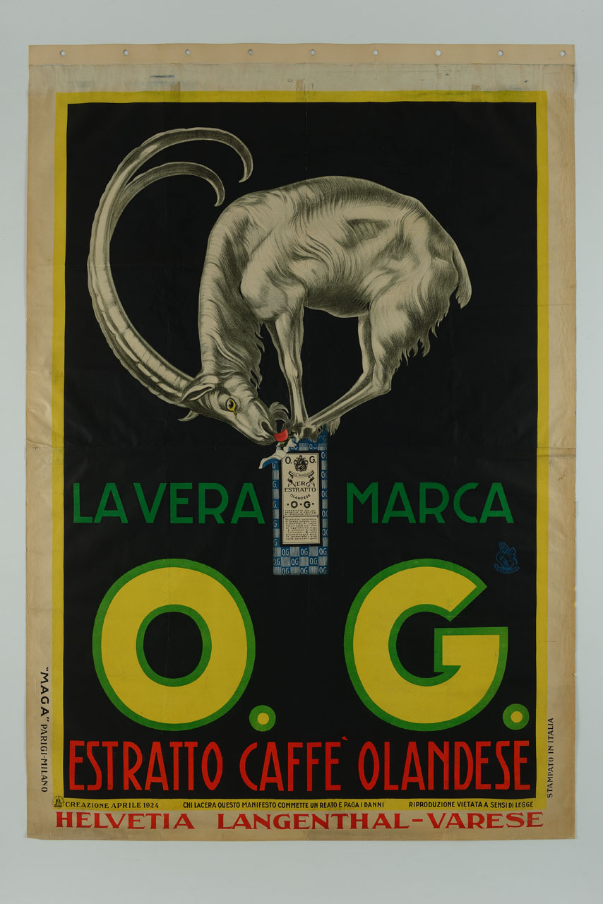 stambecco bianco in equilibrio su confezione di caffè (manifesto) di MAGA (sec. XX)
