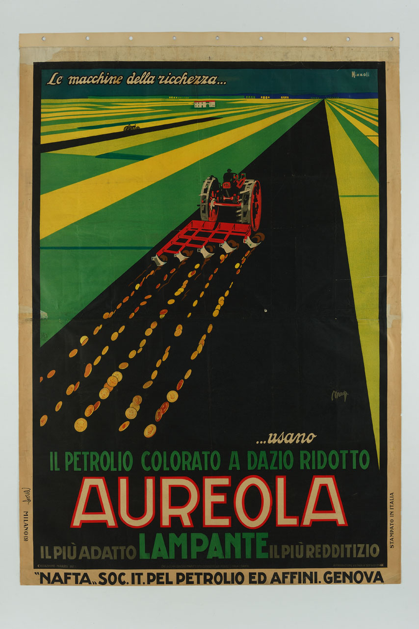 campo con aratro che semina monete (manifesto) di MAGA, Nizzoli Marcello (sec. XX)