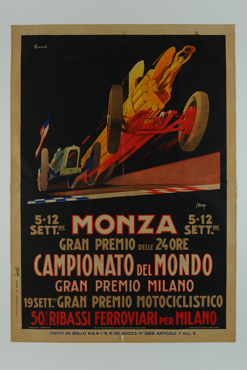 auto a forma di fascio littorio con Vittoria alata e corona d’alloro sulla parte anteriore seguita da auto da corsa con bandiera (manifesto) di MAGA, Nizzoli Marcello (sec. XX)