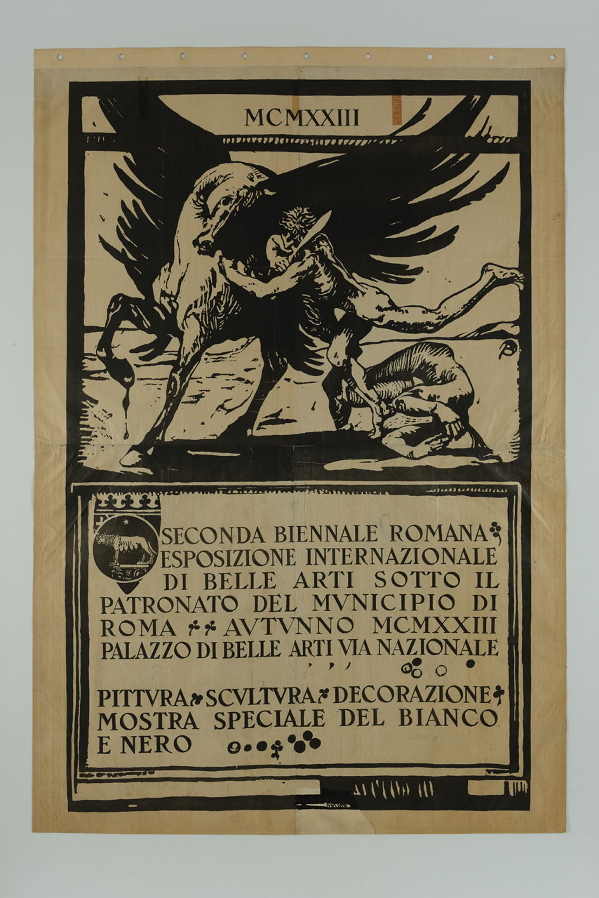 Pegaso alato accanto a Perseo e alla Medusa senza testa (manifesto) di De Carolis Adolfo (sec. XX)