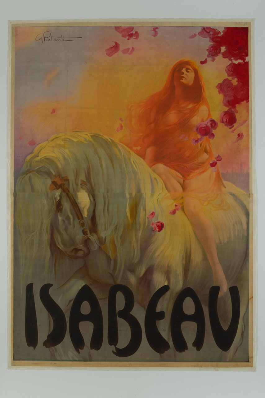 figura femminile in groppa ad un cavallo bianco (manifesto) di Palanti Giuseppe (sec. XX)