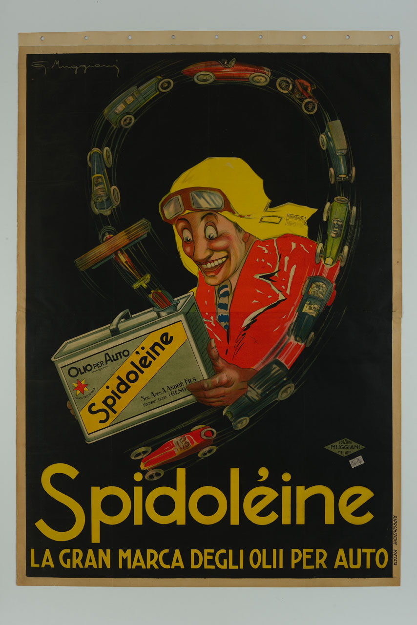 mezzobusto maschile sorridente con abbigliamento da pilota, osserva una lattina di olio per auto, da cui fuoriescono veicoli, motociclette e velivoli (manifesto) di Muggiani Giorgio (sec. XX)