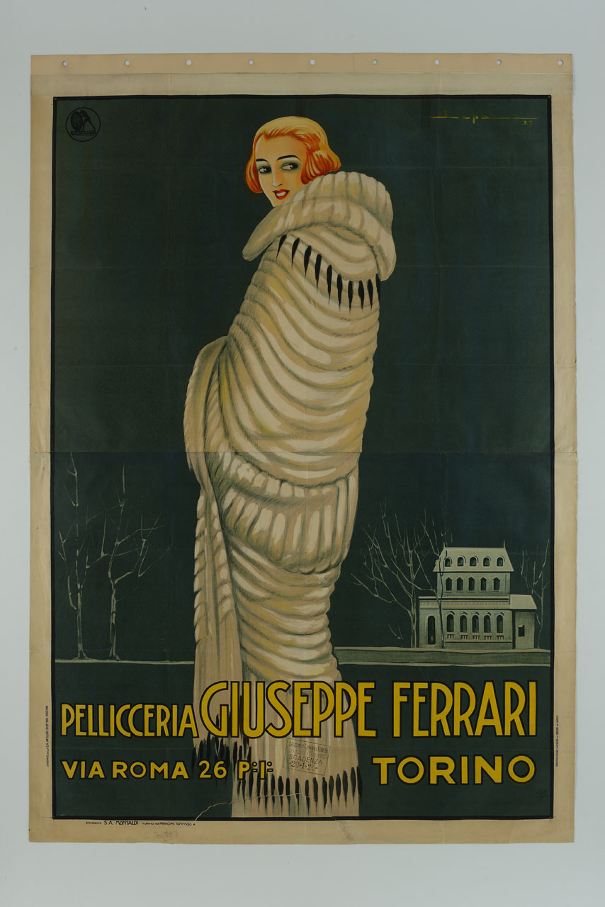 figura femminile con elegante pelliccia di zibellino davanti ad una villa (manifesto) di Paradisi Luigi detto Lupa (sec. XX)