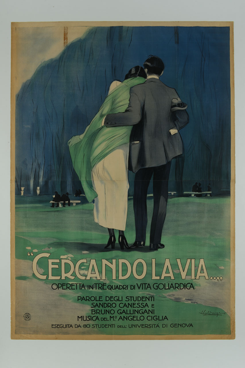 coppia di spalle, abbracciata, in un esterno (manifesto) di Caldanzano Luigi Emilio (sec. XX)