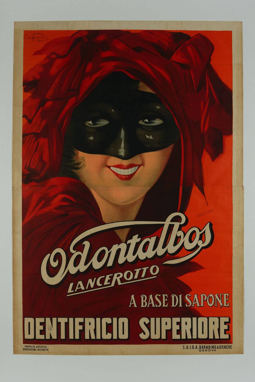 volto femminile sorridente con maschera (manifesto) di Craffonara Aurelio (sec. XX)