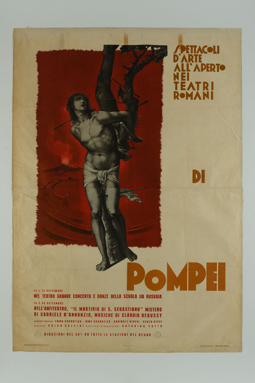 San Sebastiano davanti all'anfiteatro romano di Pompei e il Vesuvio sullo sfondo (manifesto) - ambito italiano, ambito italiano (sec. XX)