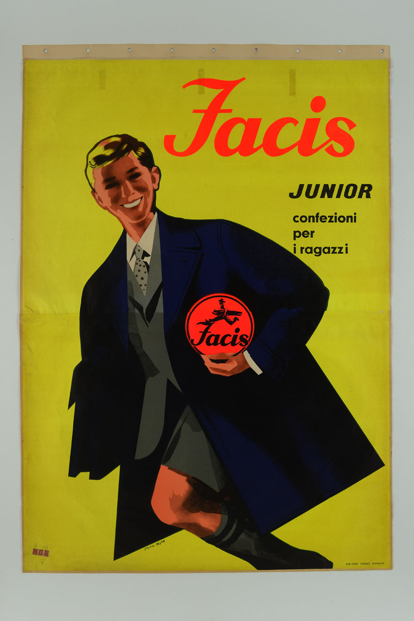 ragazzo con abito e soprabito tiene in mano il marchio di fabbrica Facis (manifesto) di Testa Armando (sec. XX)