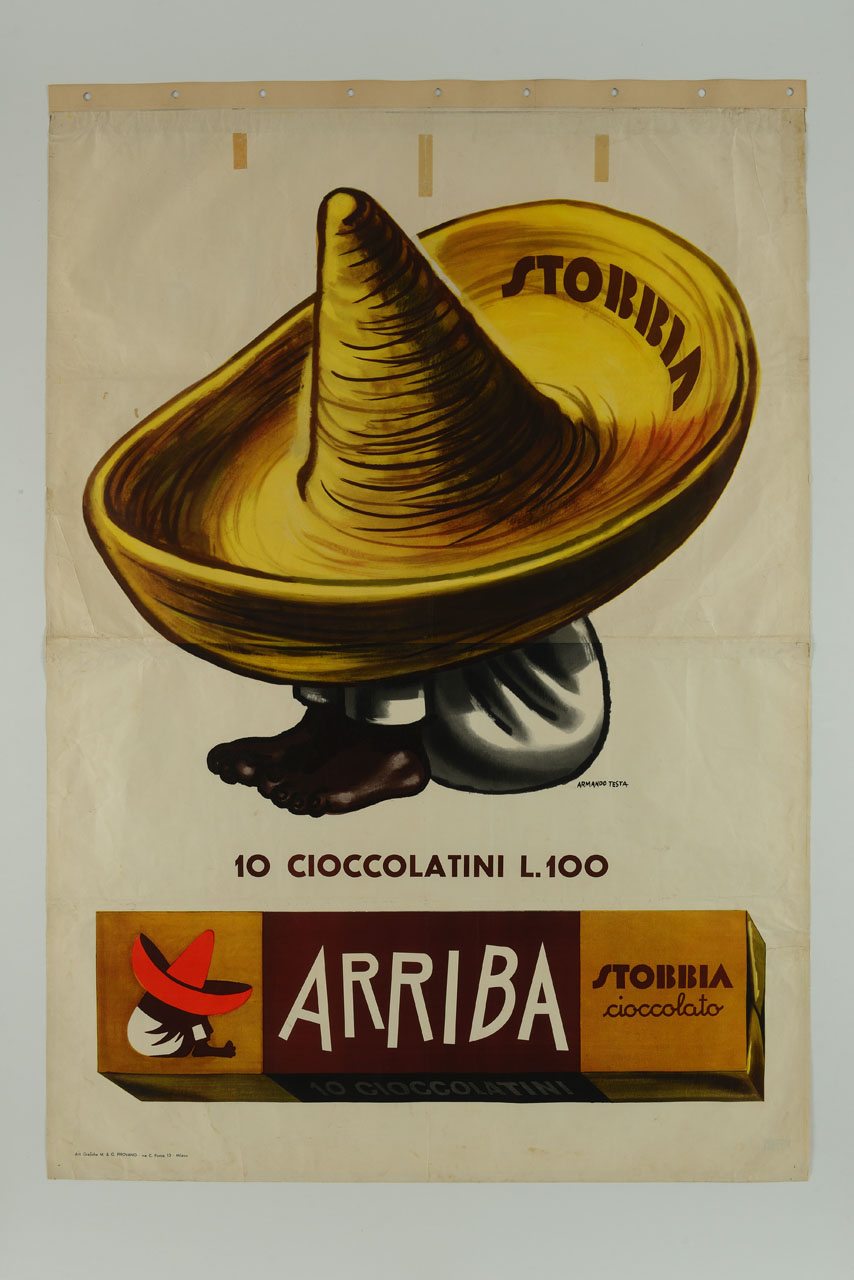 figura accovacciata coperta da sombrero (manifesto) di Testa Armando (sec. XX)