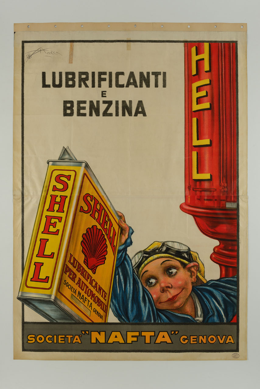 ragazzo in tuta da benzinaio con cappello e occhiali da pilota mostra lattina di lubrificante per auto (manifesto) di Mazza Aldo (sec. XX)