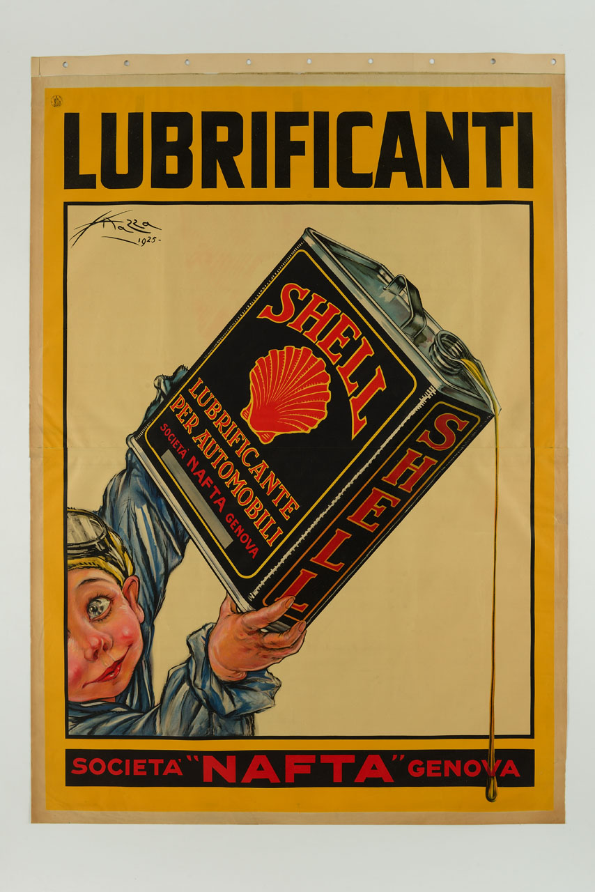 ragazzo in tuta da benzinaio con cappello e occhiali da pilota versa lubrificante da lattina (manifesto) di Mazza Aldo (sec. XX)