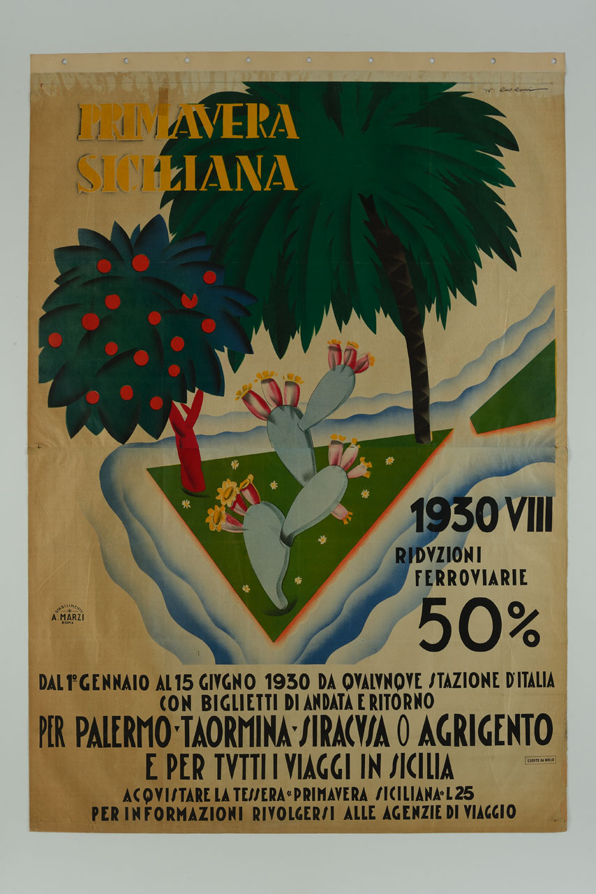 isola stilizzata, con vegetazione, circondata dal mare (manifesto) di Roveroni Walter (sec. XX)