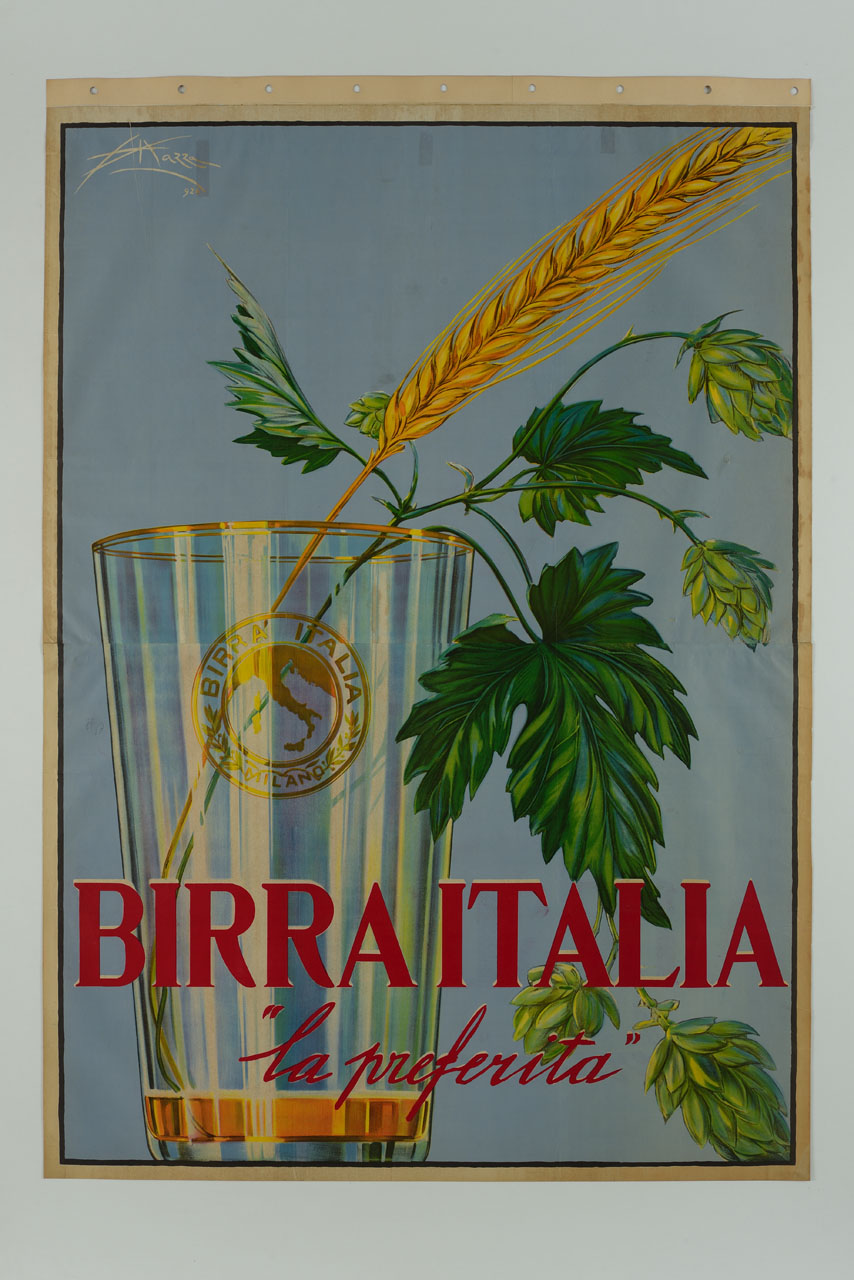 bicchiere da birra con rami di orzo e spiga (manifesto) di Mazza Aldo (sec. XX)
